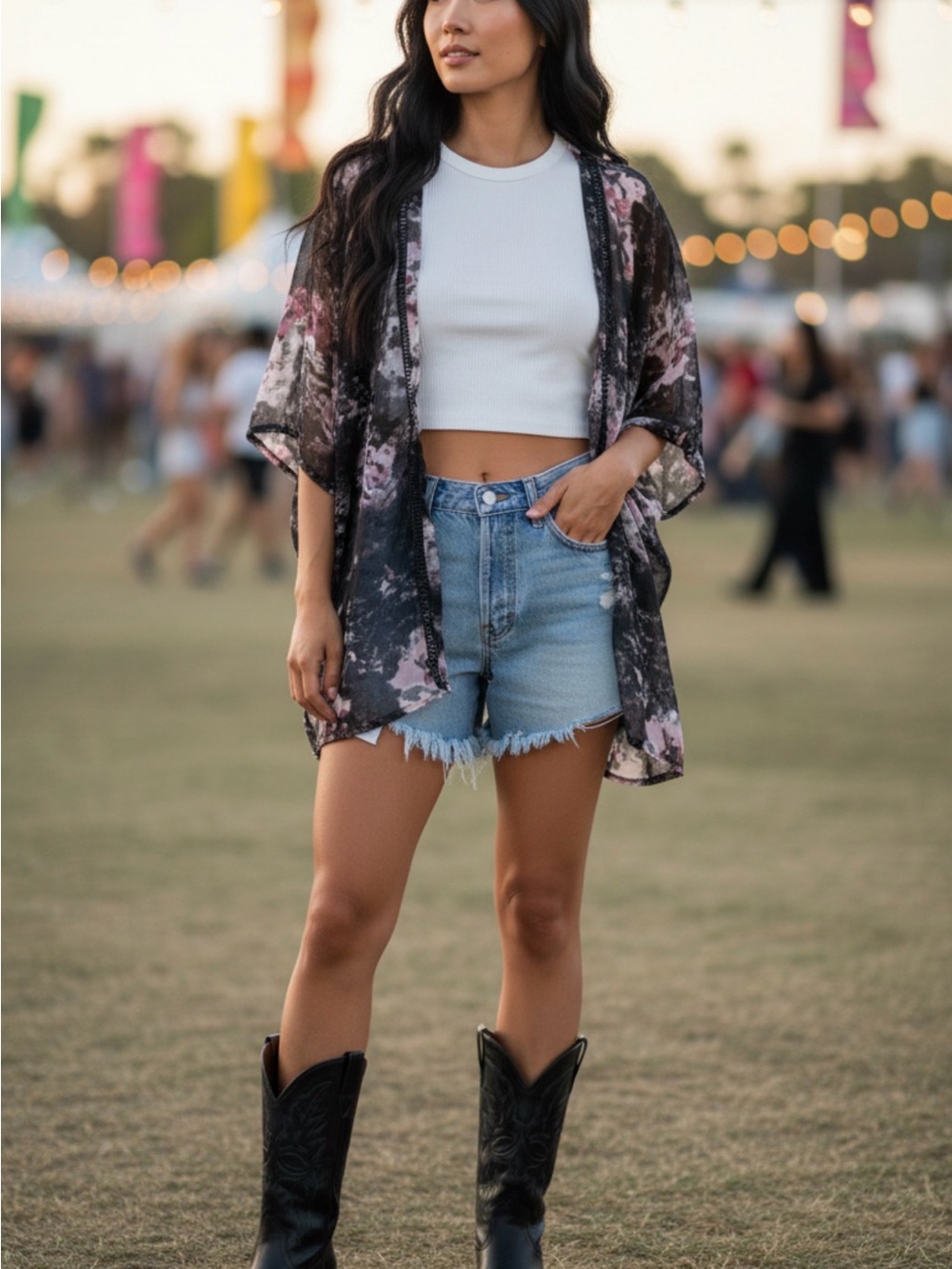 Angie Black and Pink Tie-Dye Floral Kimono